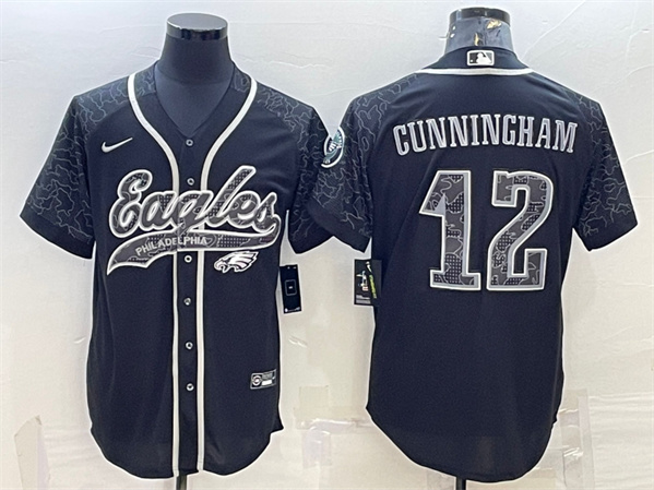 Men's Philadelphia Eagles #12 Randall Cunningham Black Reflective With Patch Cool Base Stitched Baseball Jersey